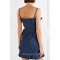 Été Spaghetti Strap Ruffled Denim Wrap Mini Dress Fabrication en gros Mode Femmes Vêtements (TA0309D)